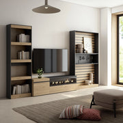 Mobile TV, Soggiorno, 320x35x186cm, Camino elettrico, colore Rovere e nero RF2595
