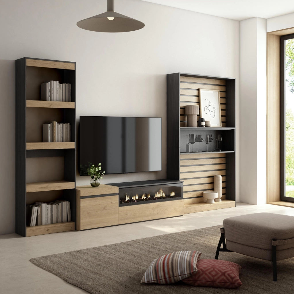 Mobile TV, Soggiorno, 320x35x186cm, Camino elettrico, colore Rovere e nero RF2595