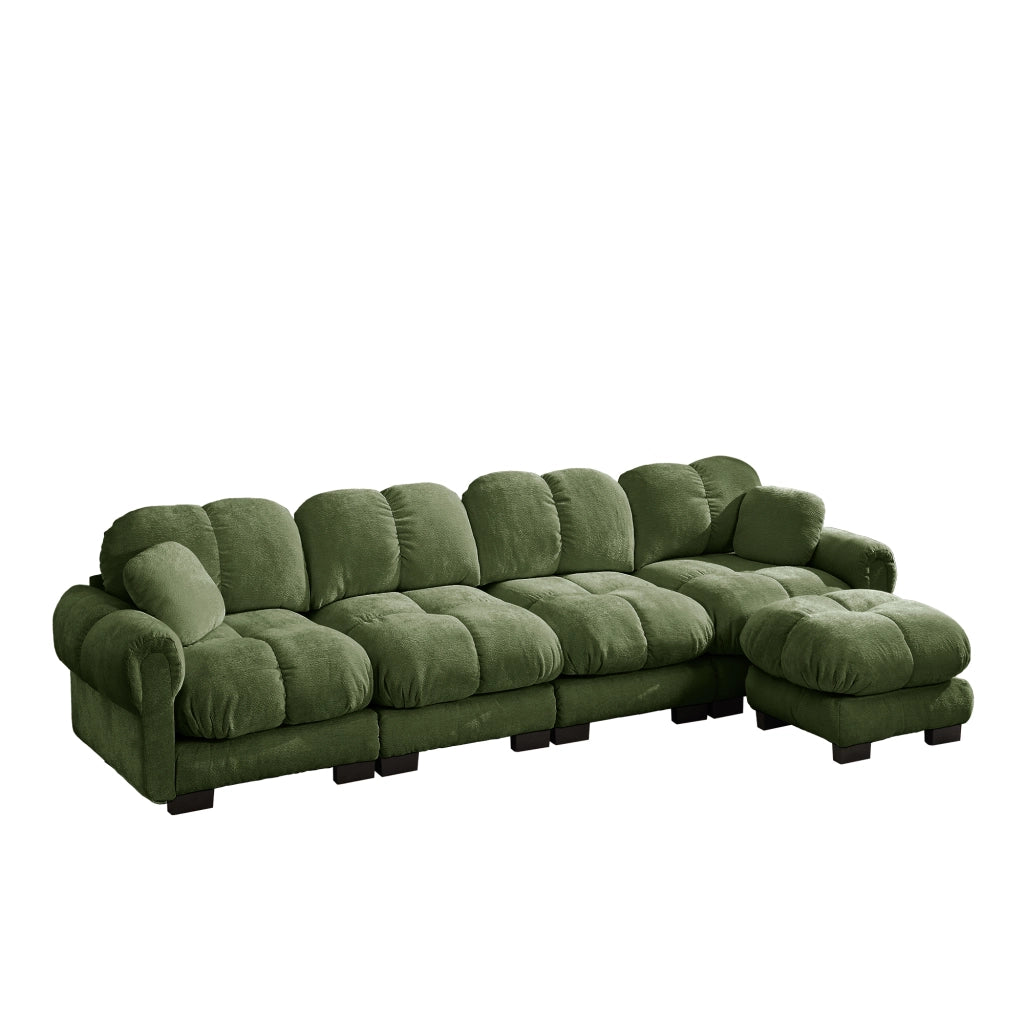 Divano angolare 4 posti - con pouf mobile e cuscino - in chenille - verde 330×149×90 cm