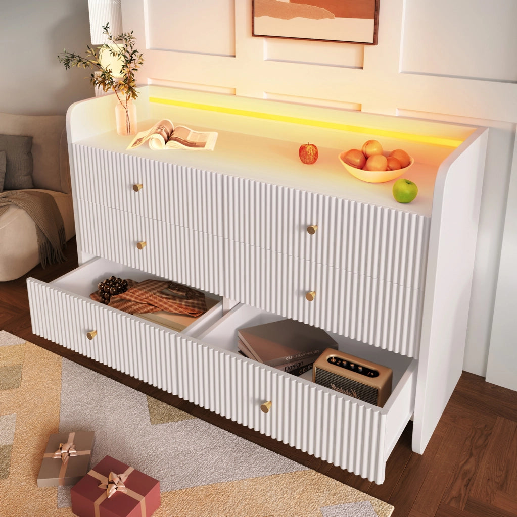 Credenza 120x40x75 cm con LED; 6 cassetti e vano aperto; pannello truciolare bianco