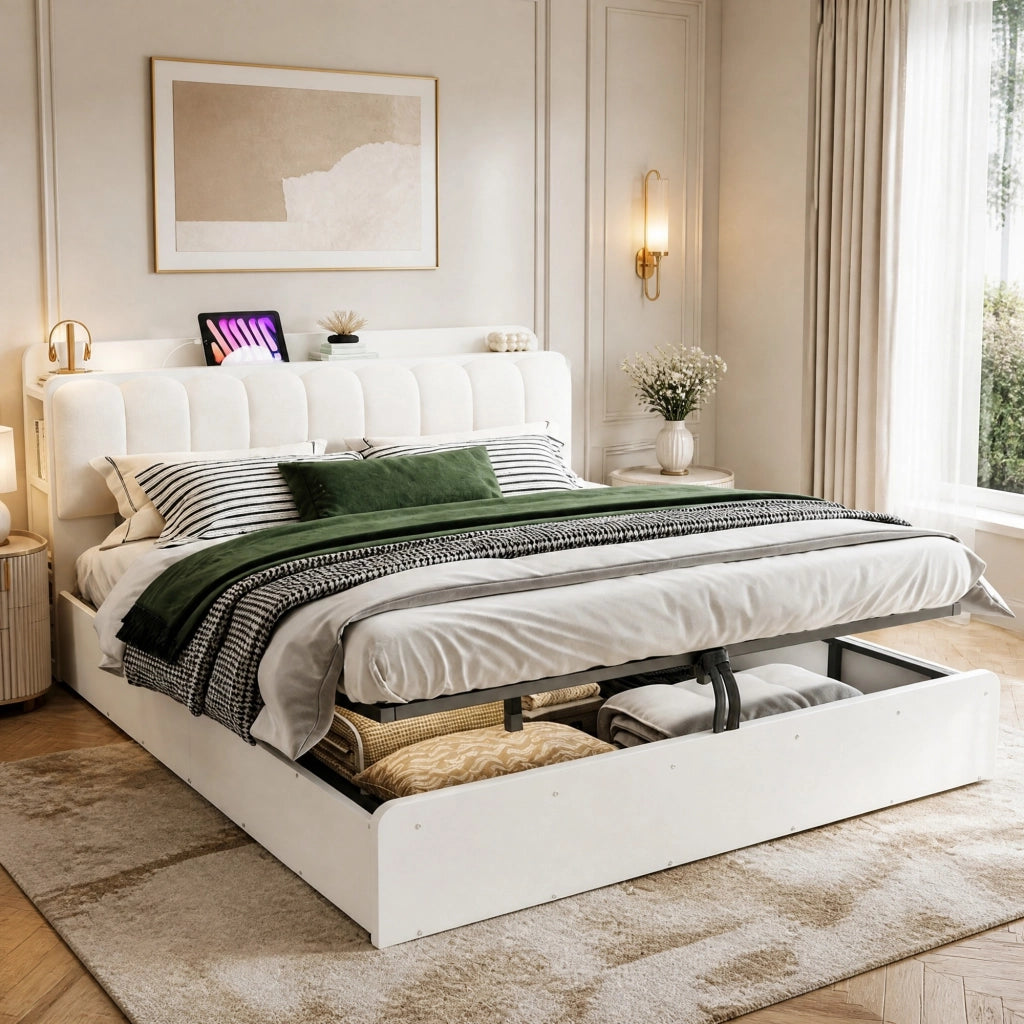 LETTO contenitore 180x200 cm in legno bianco con testiera imbottita e USB