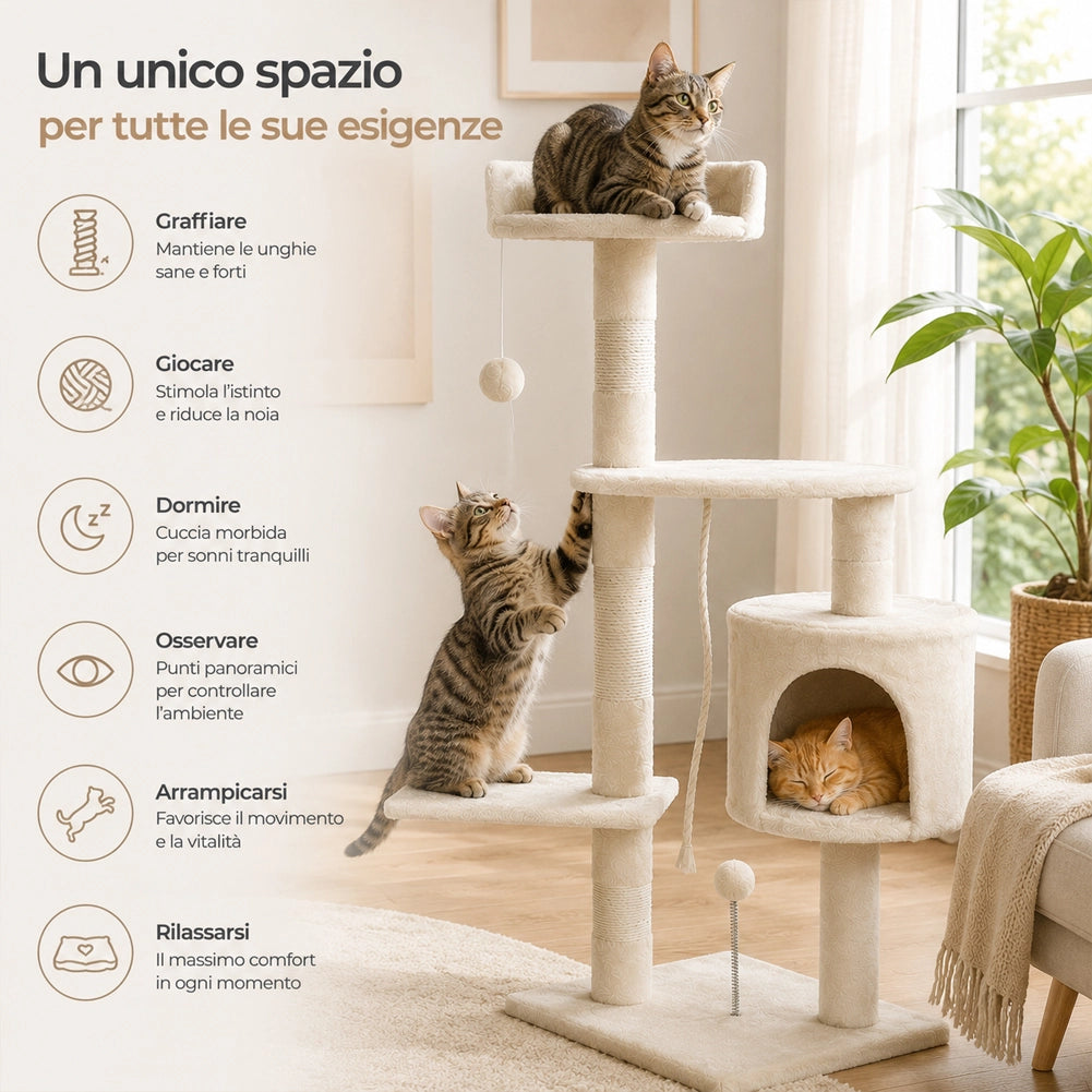 Albero Tiragraffi per Gatti Parco Giochi Cuccia Graffiatoio gatto H112cm Crema