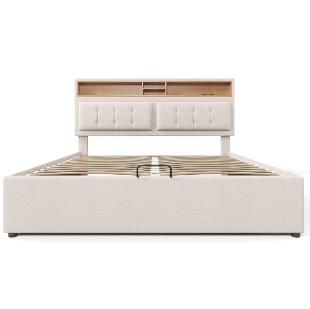 Letto matrimoniale imbottito 160x200 cm in lino beige con testiera regolabile; USB e Type-C; contenitore