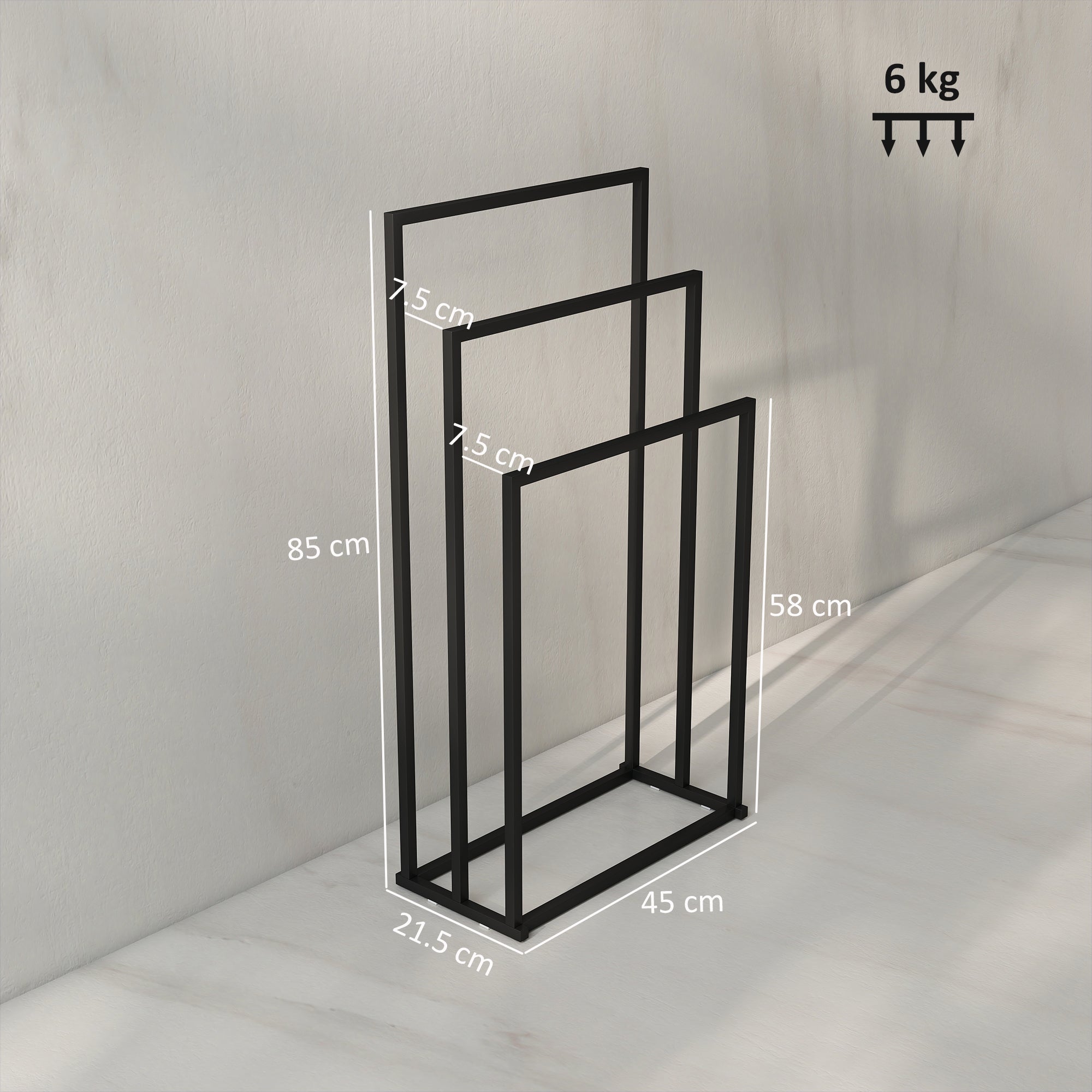 Portasciugamani da Terra a 3 Bracci Autoportante 45x21.5x85 cm in Acciaio Nero