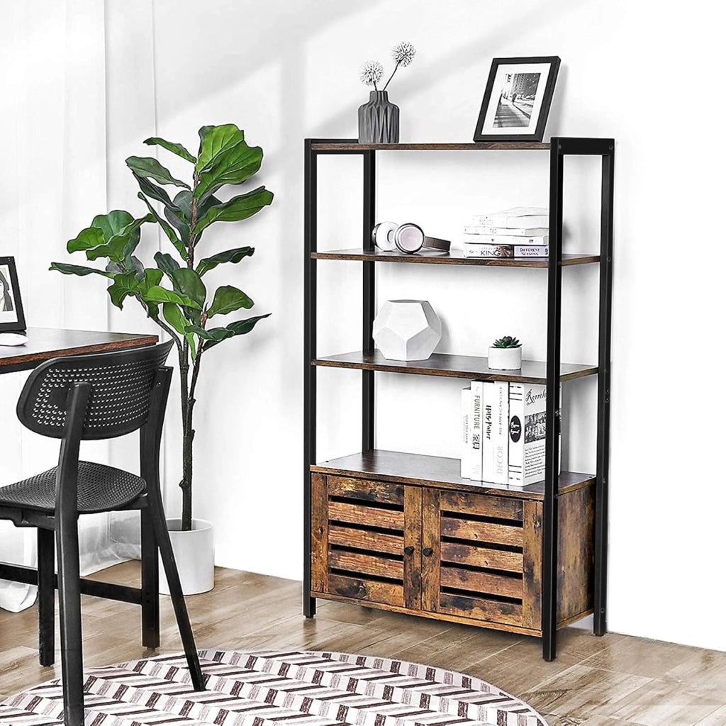 VASAGLE Libreria, Mobile portaoggetti in stile industriale, con 3 ripiani e 2 ante a battente, per soggiorno, ufficio, camera da letto, 70 x 30 x 121,5 cm, multifunzione, vintage LSC75BX