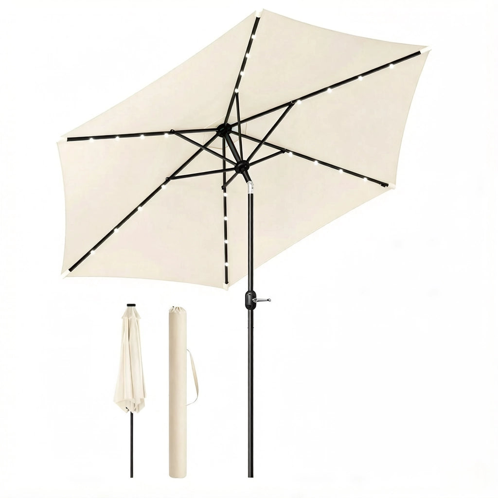 OMBRELLONE rotante Ø 292 x 247 cm beige ferro/poliestere con LED solari