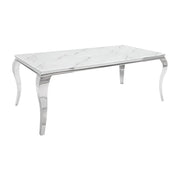 Tavolo VELENA 200 cm – Piano in vetro effetto marmo bianco – Struttura in acciaio argentato