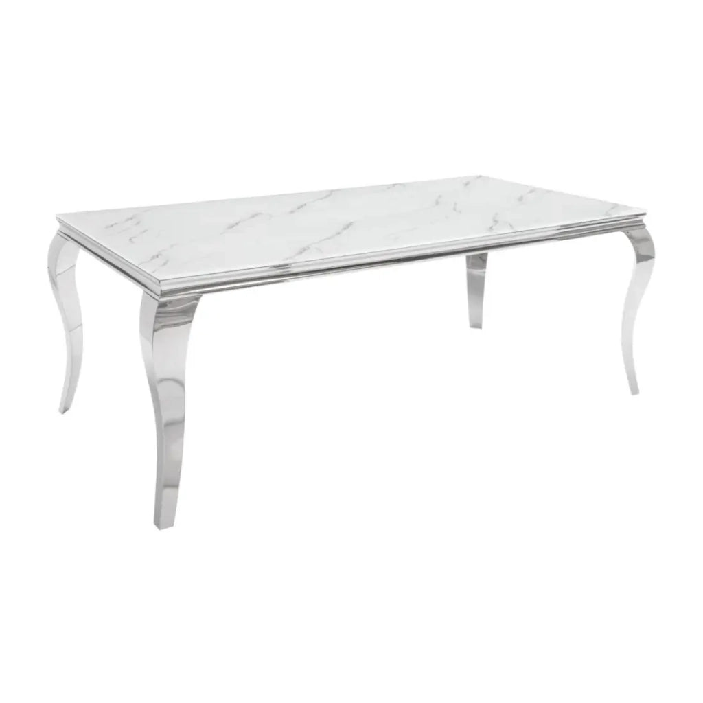 Tavolo VELENA 200 cm – Piano in vetro effetto marmo bianco – Struttura in acciaio argentato