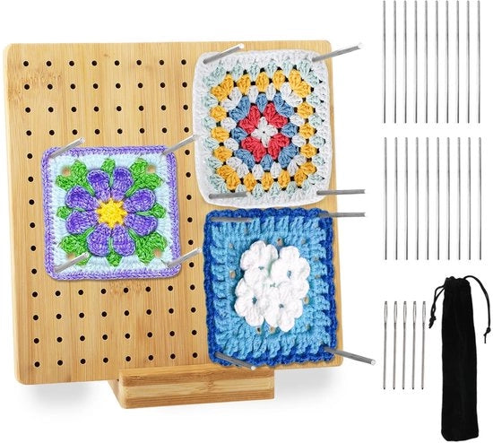 Tavolo di blocco per Granny Square - 20 x 20 cm - Pannello di blocco in bambù - Ideale per principianti - Completo con aghi e accessori per la confezione