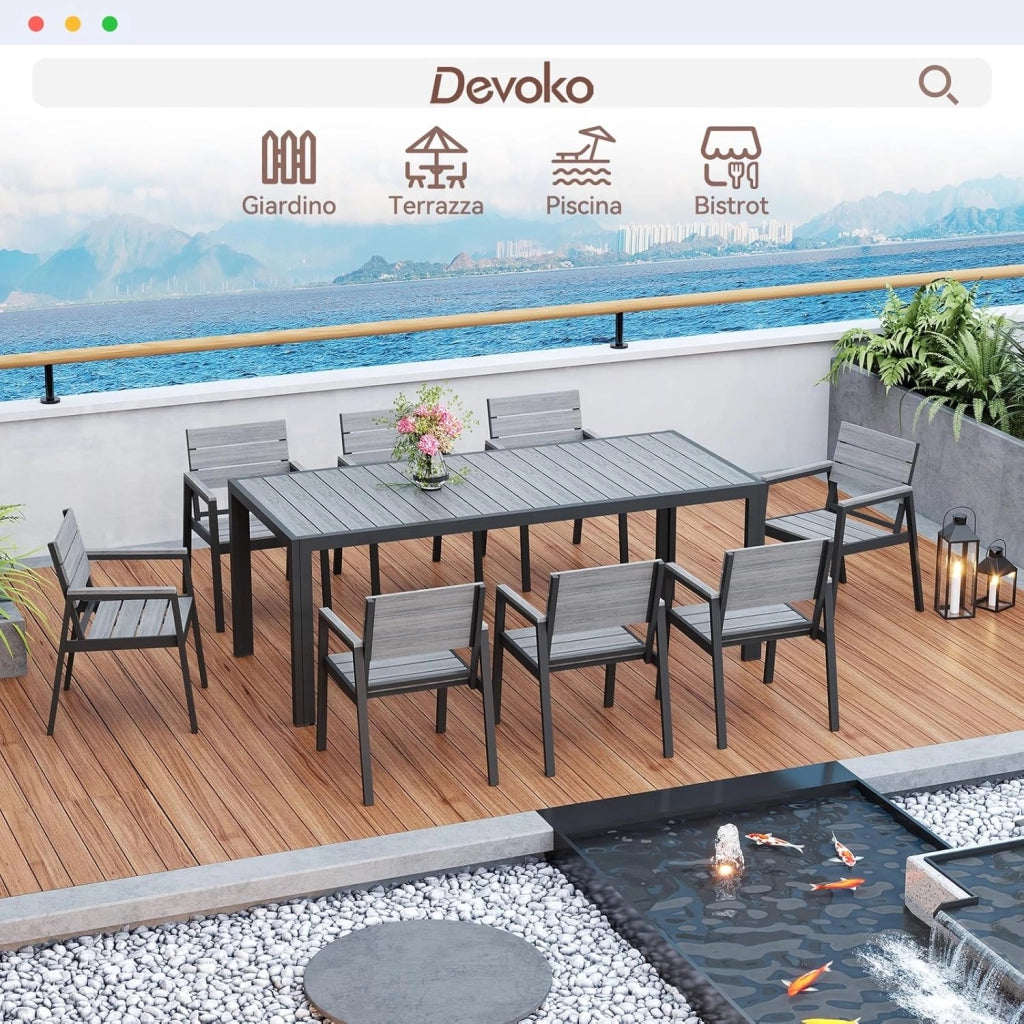 HDPS Set Tavolo e Sedie da Giardino 9 Pezzi Resistente alle Intemperie, Completo di Tavolo 189 cm e 8 Sedie da Esterno in Alluminio, Finitura a Vena di Legno e Facile da Manutenzionare (Grigio)