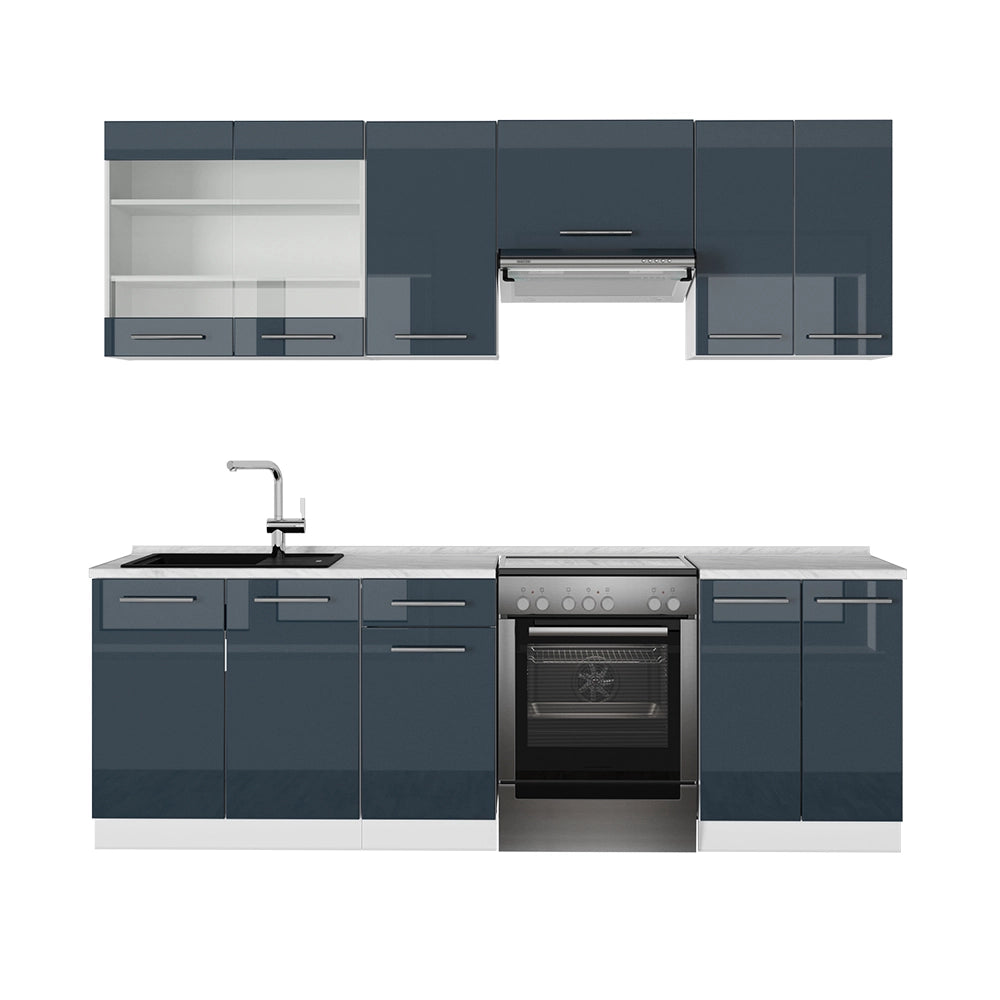Mobili da cucina Fame-Line Blu scuro lucido/Bianco 240 cm senza piano di lavoro Vicco