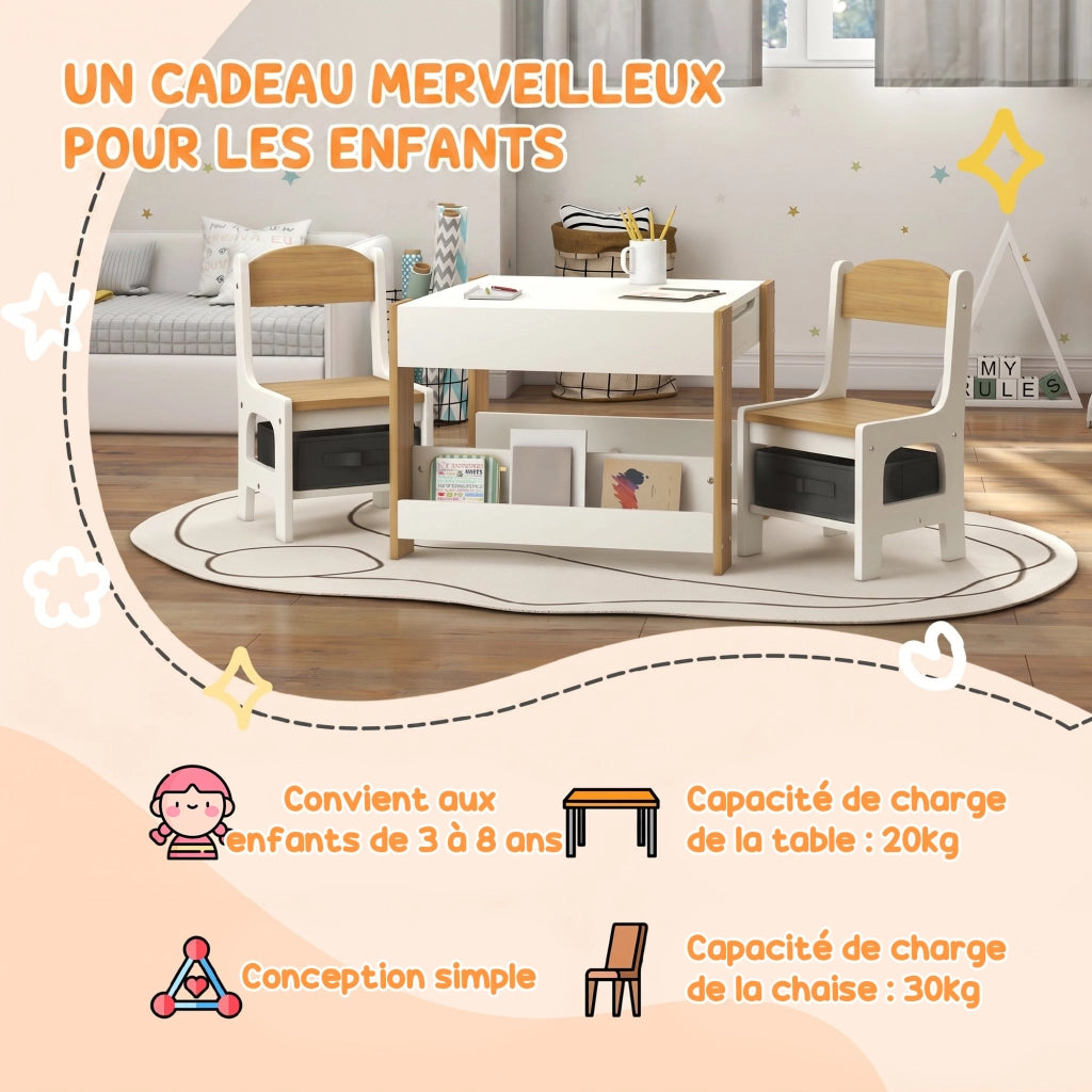 Tavolo per bambini con 2 sedie e piano reversibile ¨C Zephmum ¨C Grigio, Legno, 90x60x70 cm
