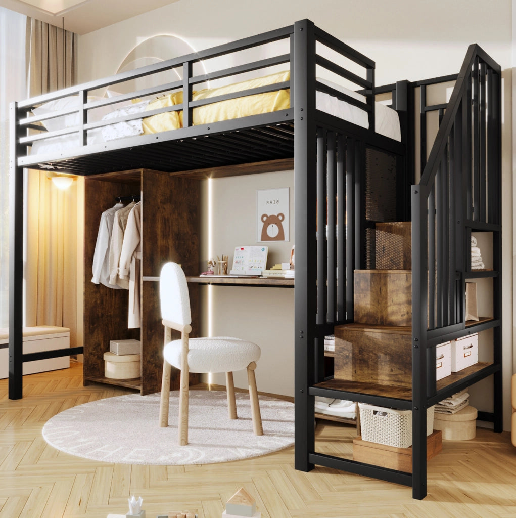 Letto a soppalco 90x200 cm con armadio; scrivania e gradini contenitore in metallo e MDF nero