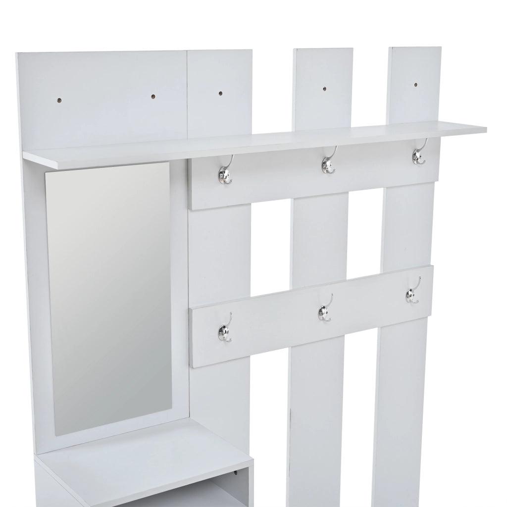 Mobili da ingresso con scarpiera ribaltabile, specchio e 6 ganci, vani aperti, in MDF, bianco, 120 × 30 × 180 cm