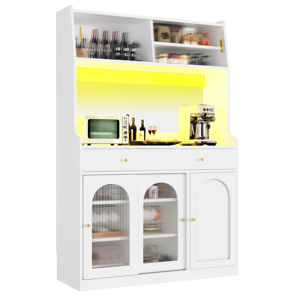 OKWISH Credenza Alta con 2 Cassetti e Ripiani Regolabili, LED, per Cucina o Sala da Pranzo, MDF, Bianco, 120 x 40 x 180 cm