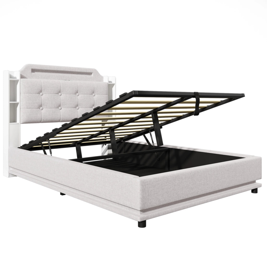 Letto Contenitore 140 x 200 cm - LED; USB; Tipo C e Vani Portaoggetti - Lino - Beige