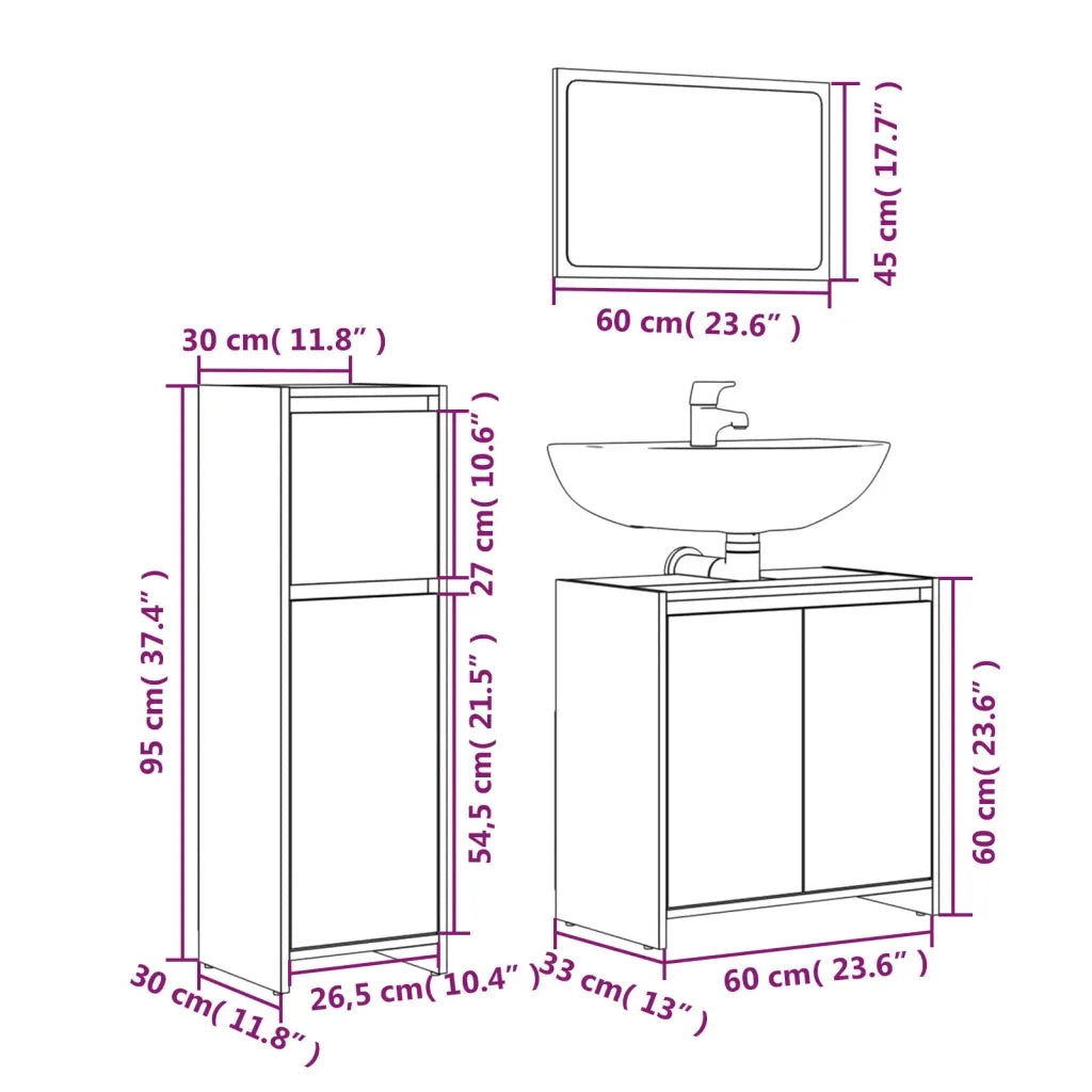 Set Mobili da Bagno 3 pz Grigio Sonoma in Legno Multistrato