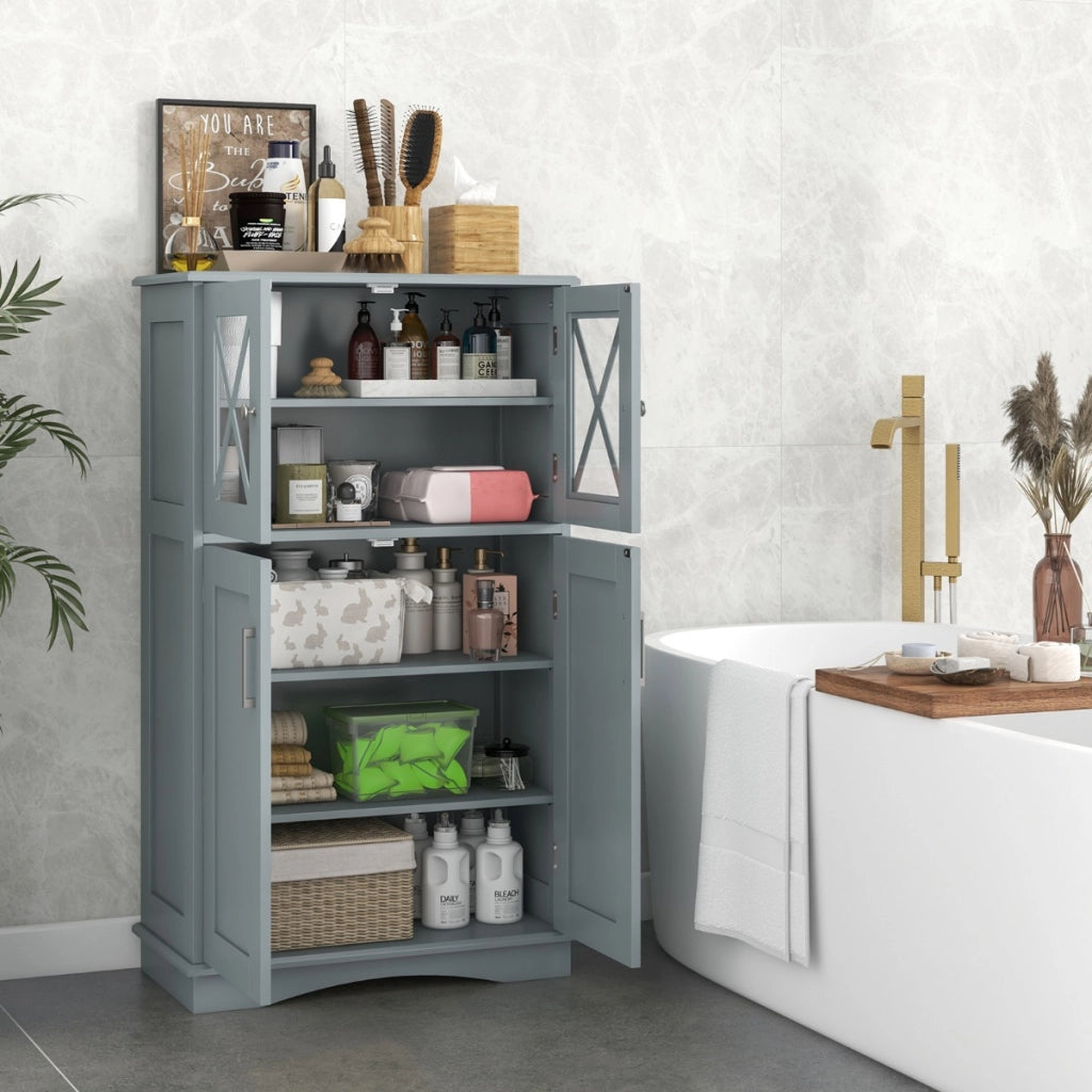 Mobiletto portaoggetti da bagno con ante e ripiani regolabili, Mobiletto da pavimento per bagno 60x30x108cm Grigio