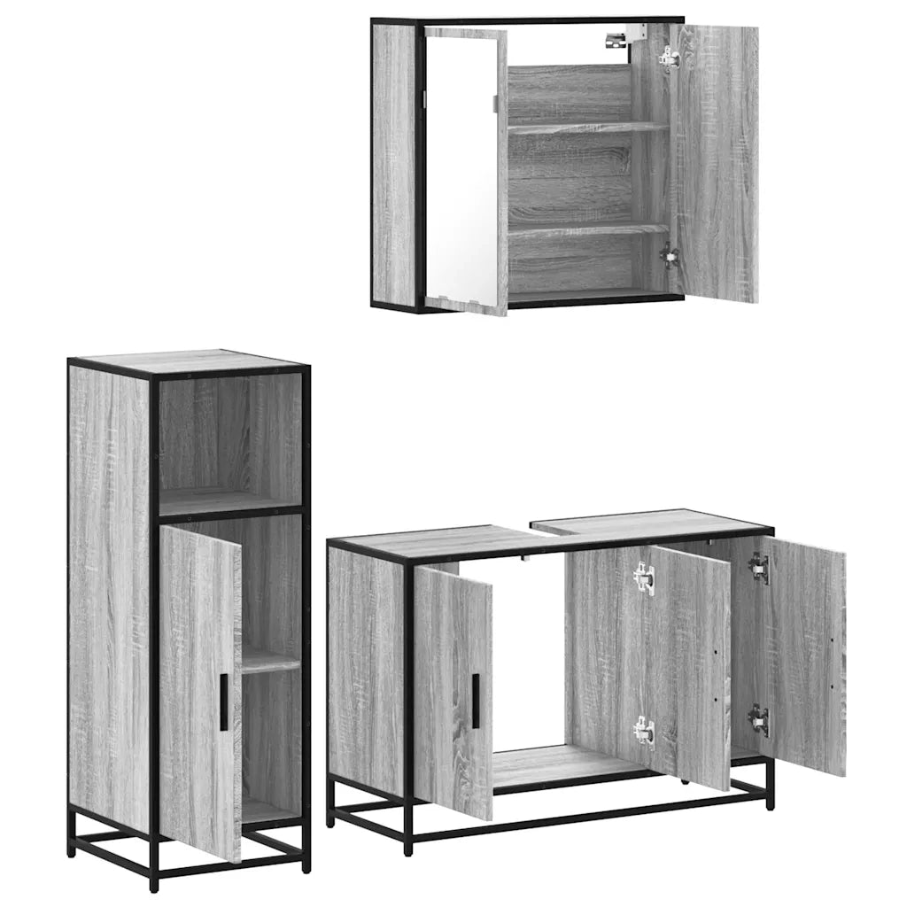 Set Mobili da Bagno 3 pz Grigio Sonoma in Legno Multistrato