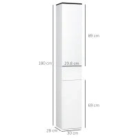 kleankin Mobile Bagno con Ripiano Regolabile, 2 Ripiani Chiusi e un Cassetto in Legno, 30x28x180 cm, Bianco