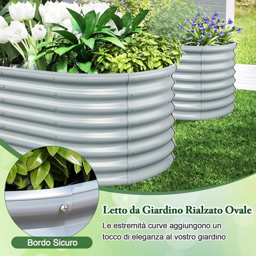 Letto da Esterno Rialzato in Metallo, Aiuola Rialzata in Ovale con Design a Fondo Aperto, Protettori d'Angolo Rinforzati, Orto Rialzato da Esterno per Verdure, Fiori, Erbe Aromatiche (Grigio)