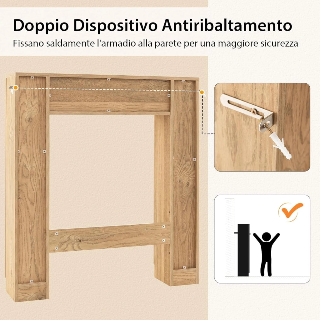 Scaffale Sopra WC, Mobile per Bagno con Doppia Anta, 2 Scomparti Aperti e 4 Ripiani Regolabili, Scaffale Salvaspazio da Terra per Bagno Lavanderia, 87,5x18x98 cm (Naturale)