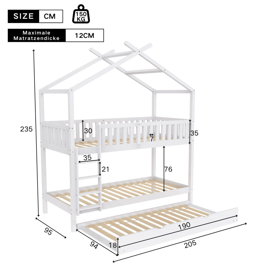 Letto a castello 90x200 cm; convertibile in tre letti singoli; legno bianco (Senza materasso)