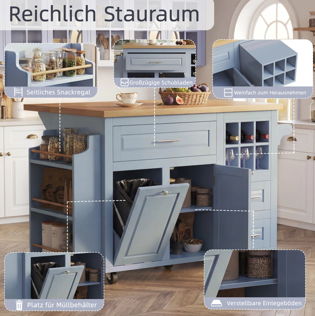 Carrello da cucina blu con piano pieghevole e portabottiglie