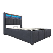 Letto imbottito singolo 90×200 cm con LED; USB; Type-C e contenitore sollevabile; senza materasso; grigio