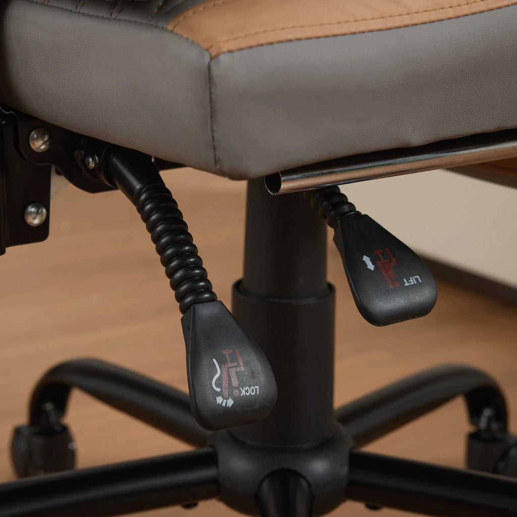 Sedia gaming ergonomica in PVC grigio e marrone con schienale imbottito, tasca posteriore e base in metallo KD