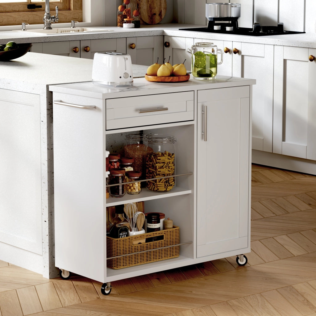 Carrello da cucina bianco con piano effetto marmo, cassetto, armadietto e ripiani aperti, mobile con ruote bloccabili, 90x62x90 cm