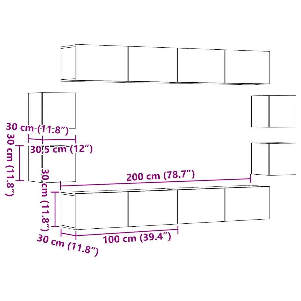 Set Mobile TV 8 pz Montato a Parete Rovere in Legno Multistrato 3328952