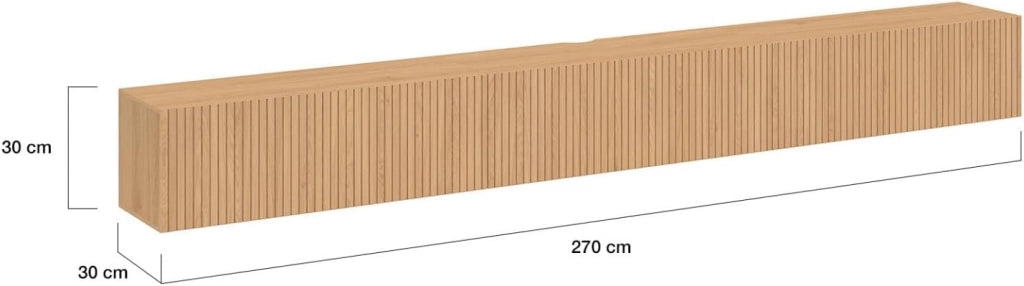 Mobile TV sospeso JULIETTE 270 cm con 3 doghe in legno color rovere