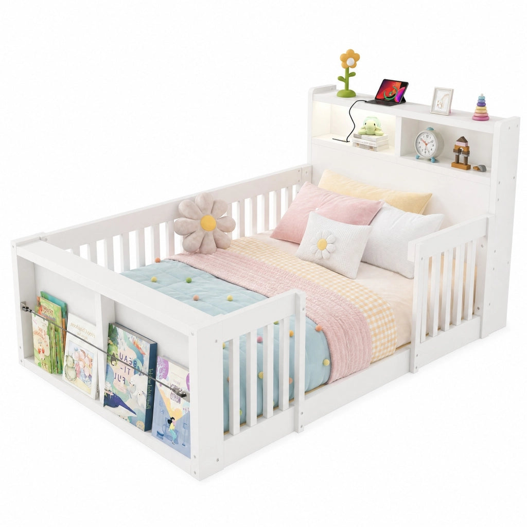 Letto per bambini singolo 90×190 cm con sponde alte; USB; luce notturna e vano; senza materasso; bianco