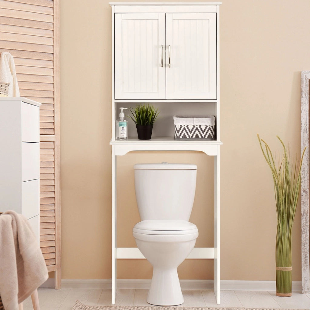 Mobile sopra il WC con mensola aperta e doppie ante, Organizer per bagno con mensola interna regolabile Bianco