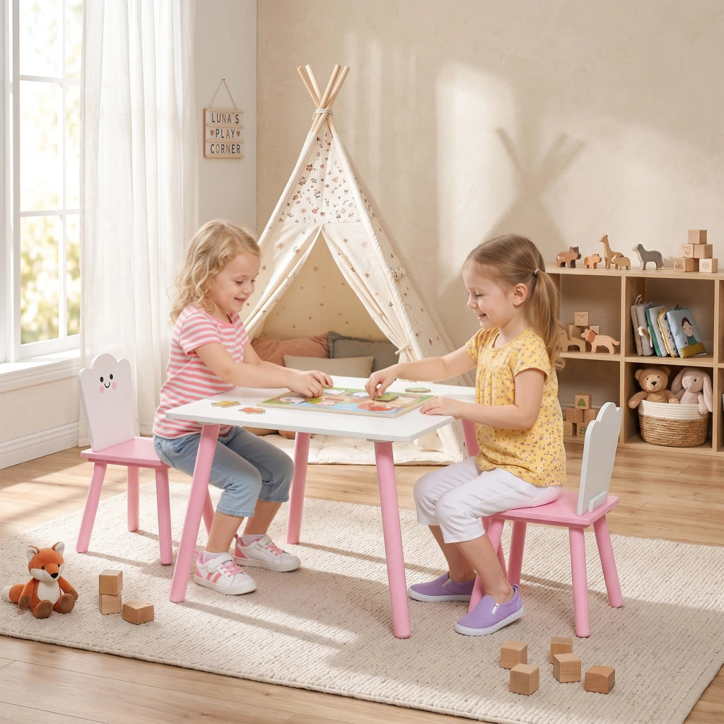 Set Tavolo e 2 Sedie per Bambini 3-6 Anni in Legno con Angoli Arrotondati Rosa