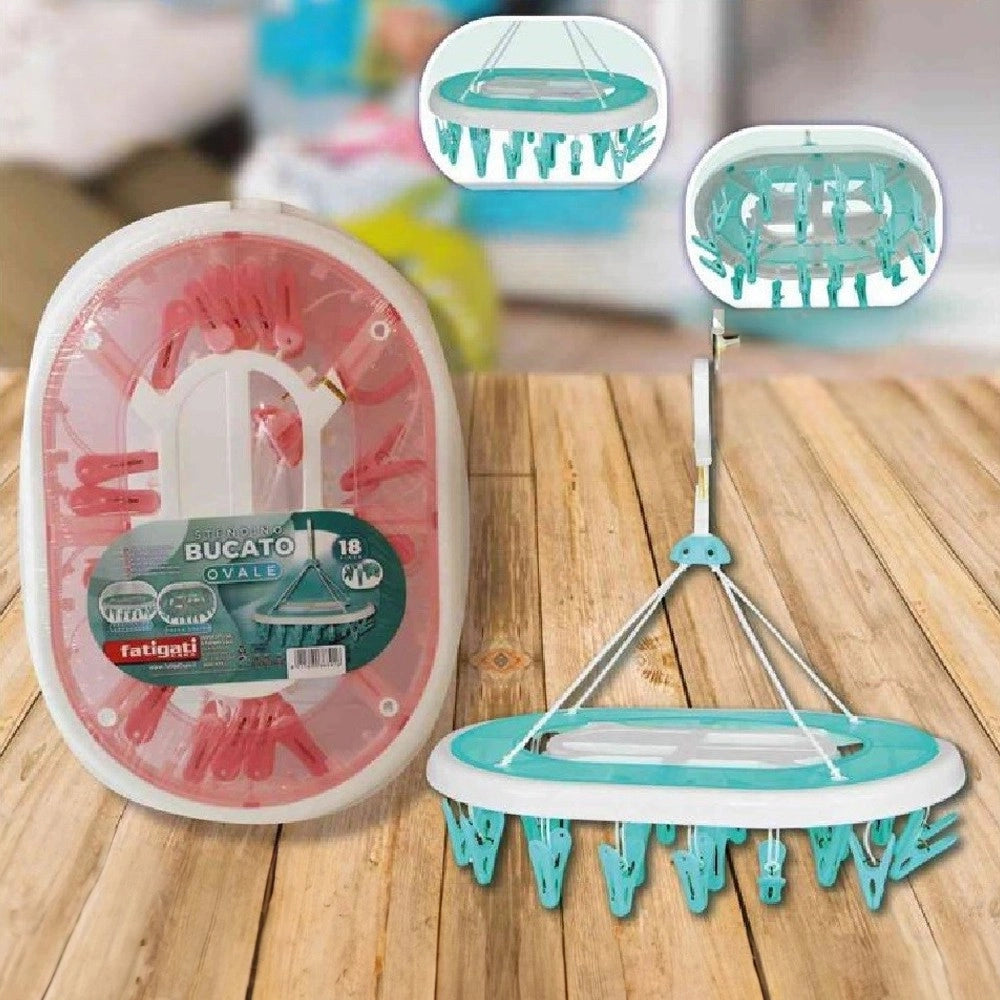 Trade Shop - Stendino Bucato In Plastica 18 Pinze Mollette Ovale Biancheria Asciugatura 38301 -