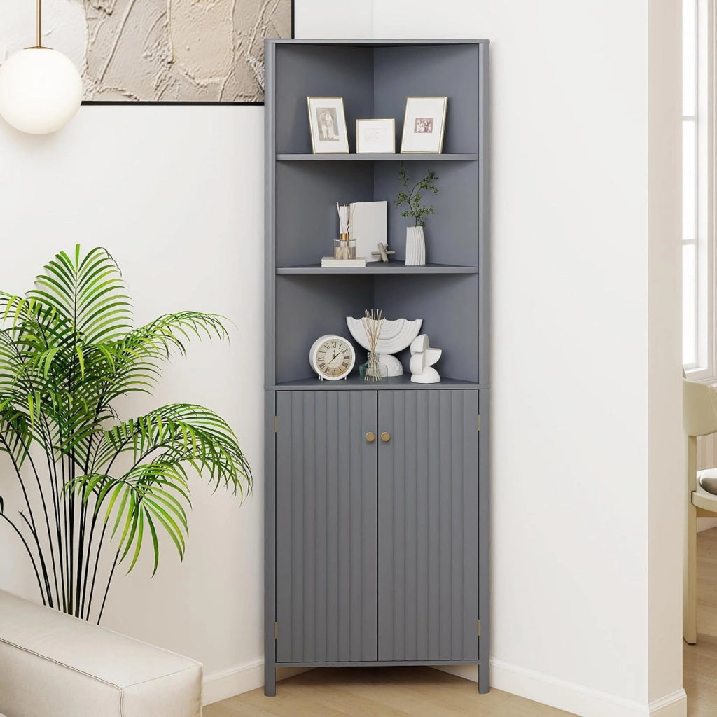 Armadietto da bagno, armadio angolare con 3 ripiani aperti & 2 ante, armadio con ripiani regolabili, mobile da bagno 42,5 x 42,5 x 172,5 cm (Grigio)