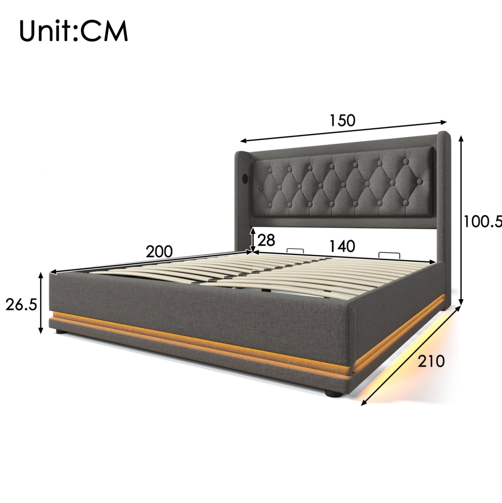 Letto matrimoniale imbottito 140x200 cm in cotone grigio con contenitore; USB e LED
