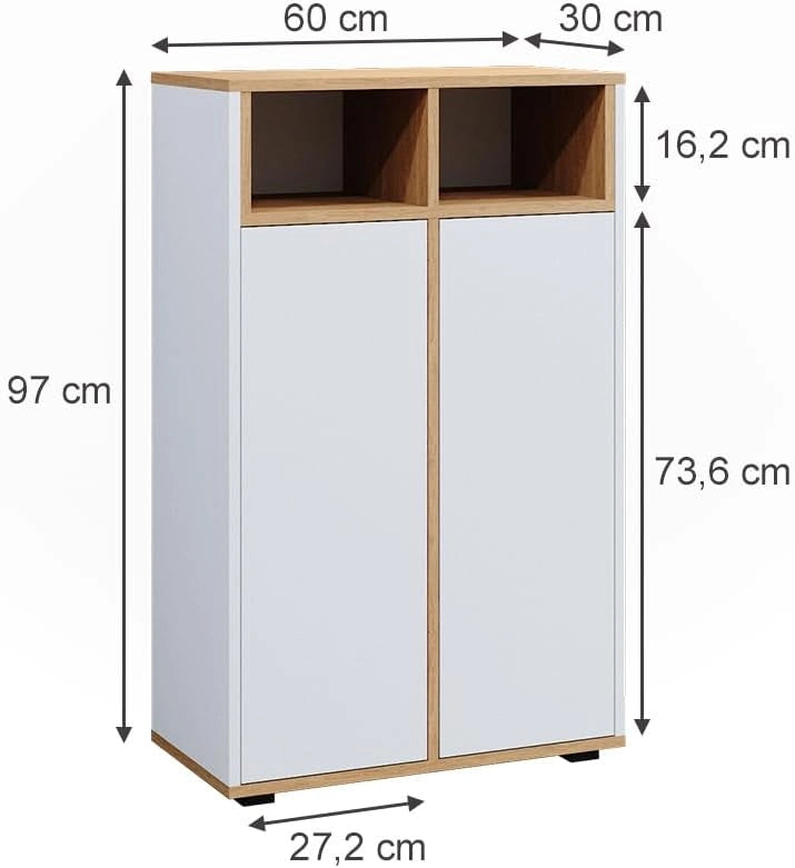 Mobiletto bagno Didi, Bianco/Artisan, 60 x 97 cm con 2 porte, per la conservazione di articoli da bagno e prodotti per la cura personale