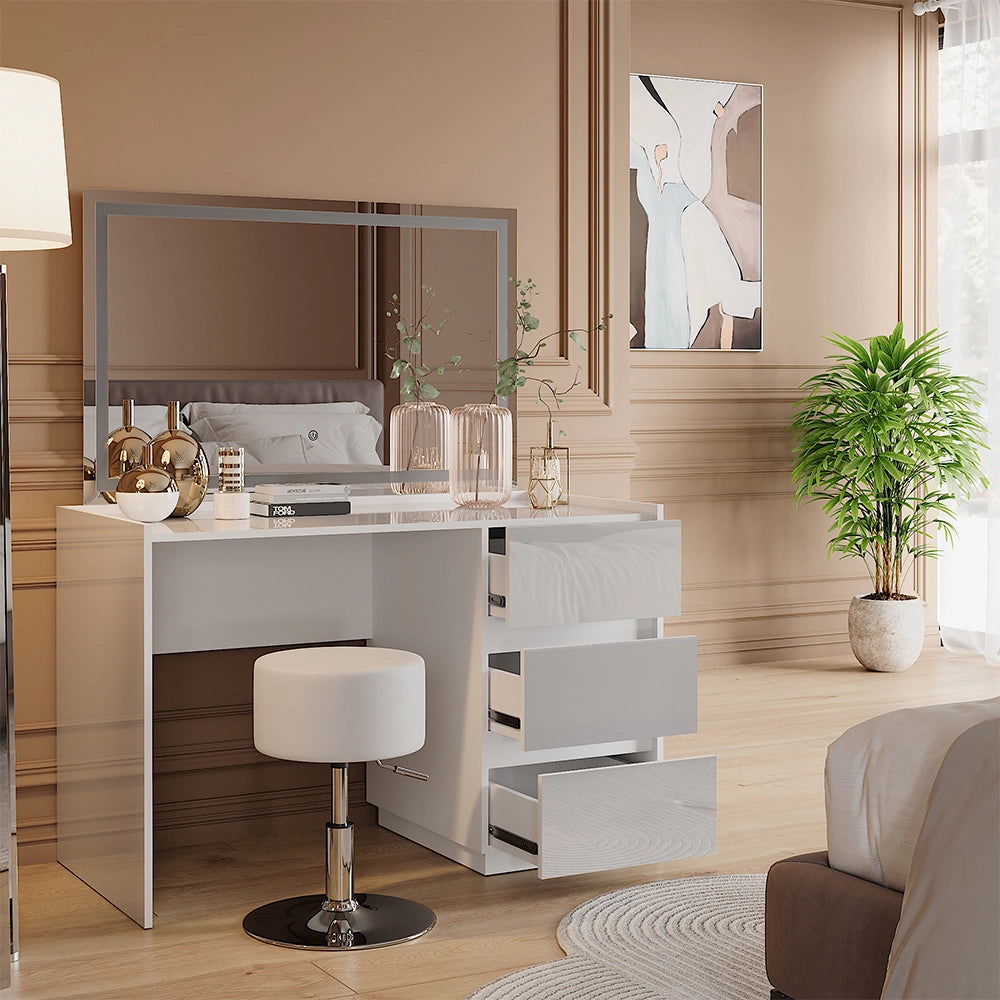 Vicco Tavolo da toilette Bianco lucido 120 cm con specchio LED e sgabello