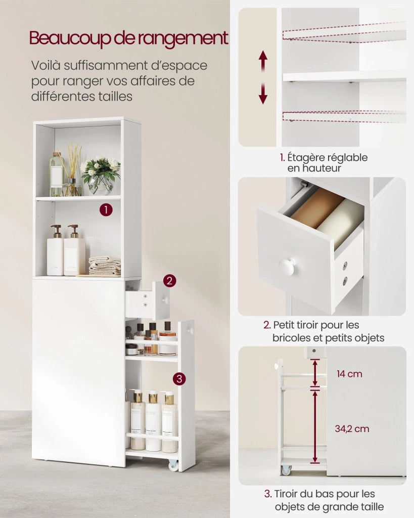 Mobiletto da bagno 40 x 18 x 134,4 cm alto mobiletto sottile con cassetti e ripiano regolabile mobiletto per piccoli spazi stile moderno bianco 12_0006475