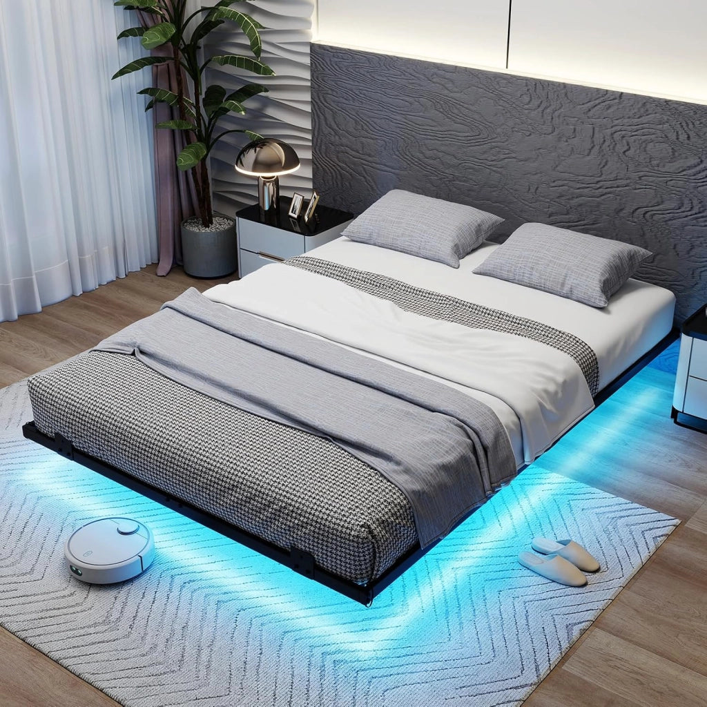 Telaio Letto Galleggiante, Letto Matrimoniale 140 x 200 cm in Metallo con Luci LED Fissaggio per Materasso, Doghe Resistenti a Carico Pesante, Carico 400 kg