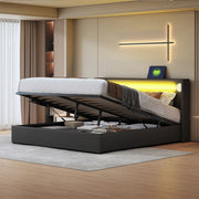 DESMIU Letto imbottito con contenitore 160 × 200 cm matrimoniale con LED, Bluetooth e USB, senza materasso, in PU nero