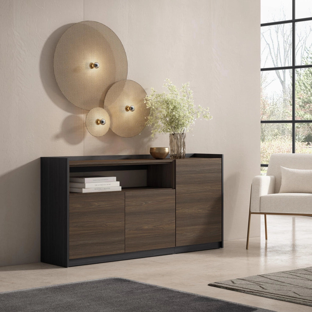 Credenza, Mobile, Cucina, 156x80x37 cm, 3 Porte, grande stoccaggio, Rovere scuro e Nero
