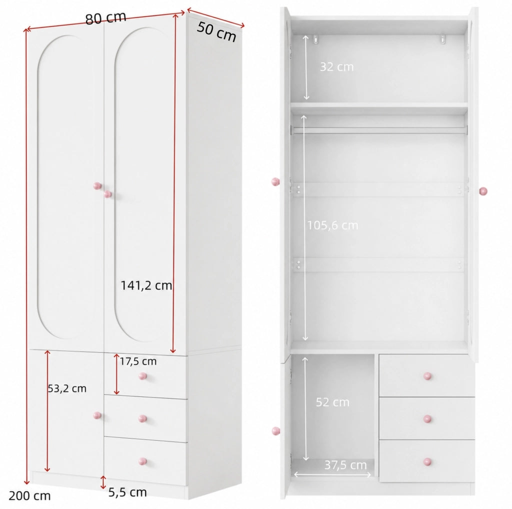Armadio per cameretta 2 ante con 3 cassetti 80x50x200 cm bianco HAVRYA