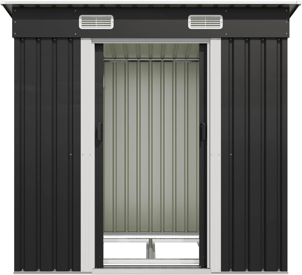 Capanno per attrezzi Devoko in metallo 183x109x182 cm con basamento, capanno da 3,6 m³ con tetto a una falda e porta scorrevole, capanno da giardino per biciclette, terrazza, prato, antracite