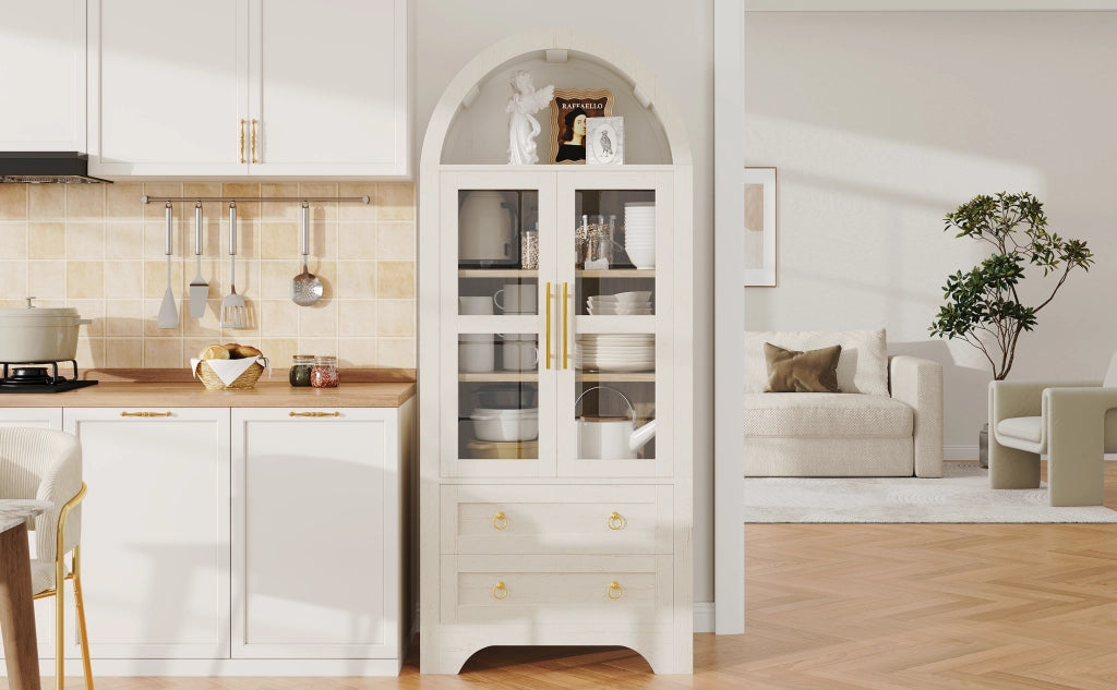 Credenza alta con ante in vetro, 2 cassetti e ripiani regolabili per cucina e soggiorno bianco 76.2 × 40.1 × 180 cm