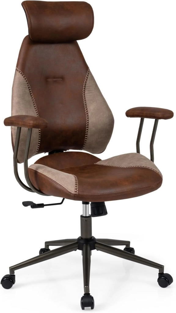 Sedia da ufficio ergonomica, sedia da scrivania girevole con poggiatesta, bracciolo, schienale inclinabile e seduta curva, rivestita in pelle scamosciata, altezza regolabile, carico 150 kg