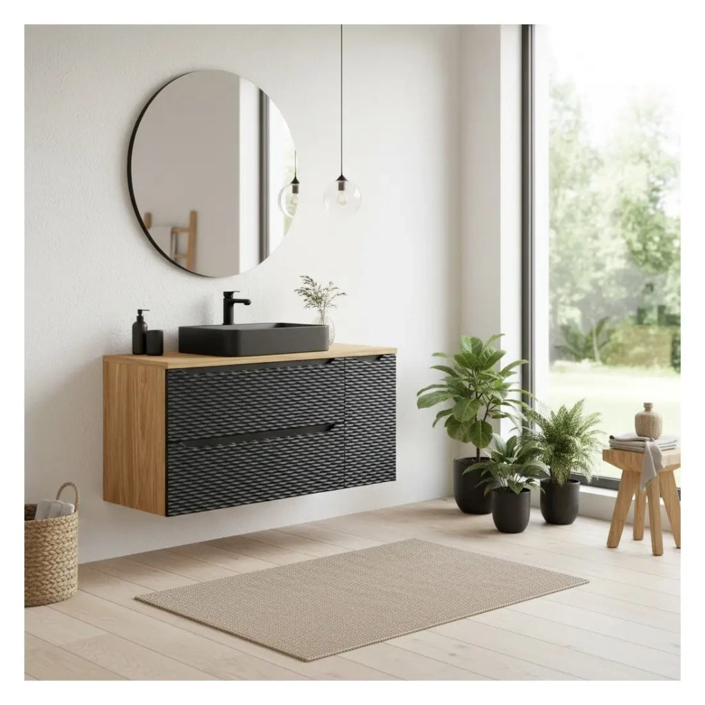 Set da bagno YOKA nero: mobile sottolavabo con cassetti e armadietto 120 cm + piano lavabo